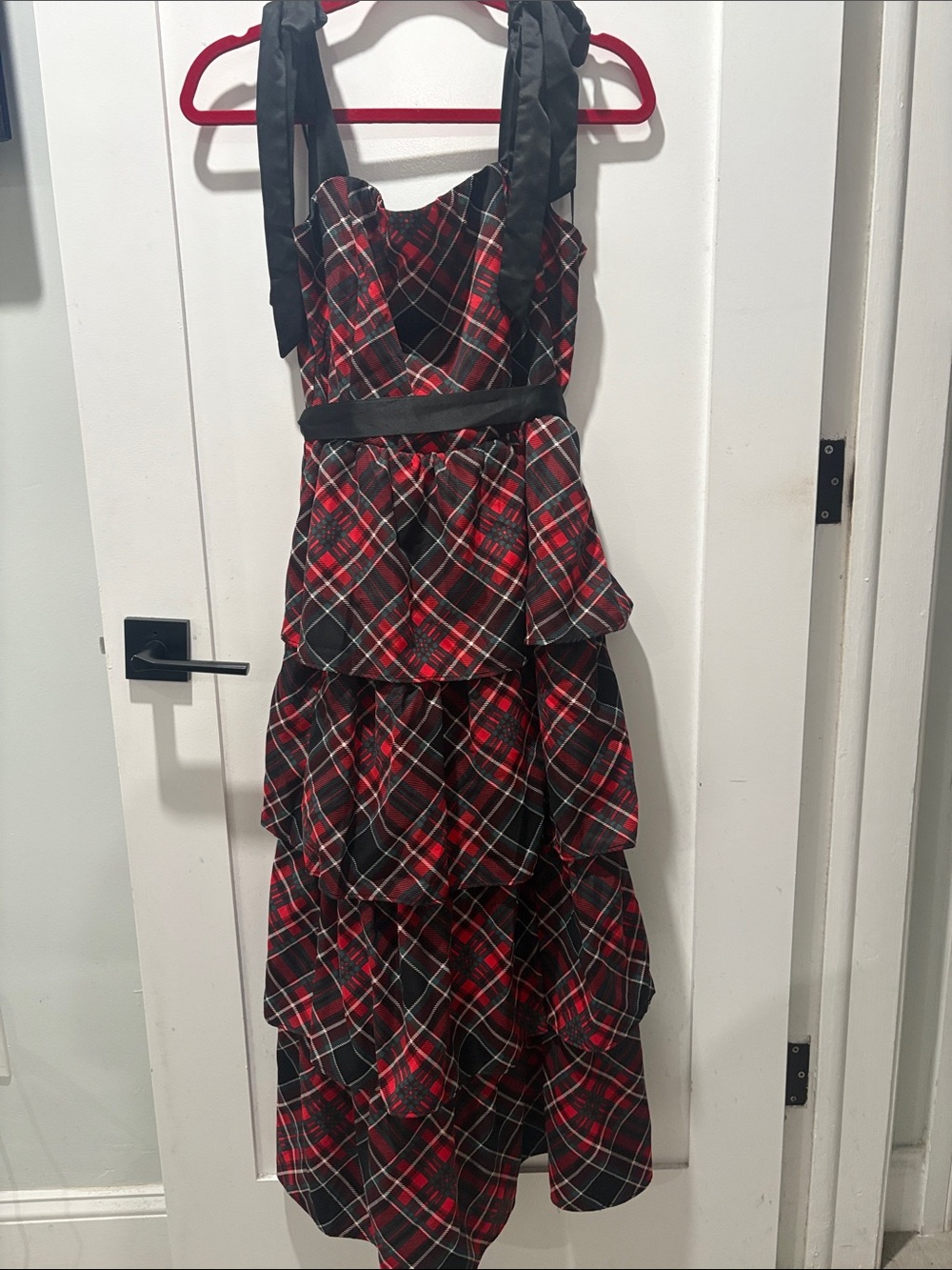 Francesca's Collections Red and Black Plaid Tiered Maxi Dress